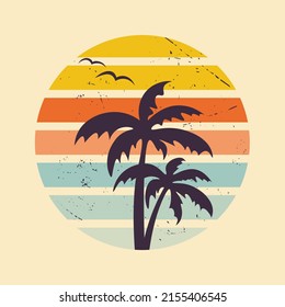 Vintage sunset graphic. Sunset in 80s or 90s style. Geometric style. Palm trees and seagulls on background of circle. Retro sunset in vintage style.  Flat vector illustration in grunge style.