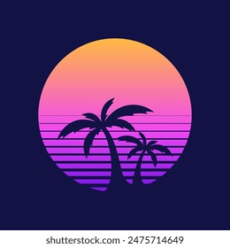 Vintage sunset graphic. Sunset in 80s or 90s style. Geometric style. Palm trees in the shape of circle. Vector illustration