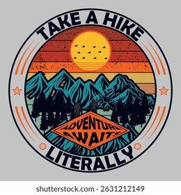 Vintage Sunset Hiking Badge Graphic with Mountains and Forest.