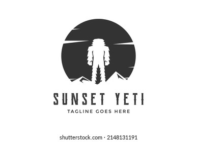 Vintage Sunset Ice Mountain with Standing Yeti Logo Design