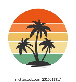 Vintage Sunset with island silhouette with palm trees. Circle in retro boho style. Illustration, sticker, scrapbook icon. Minimal abstract art. Vector