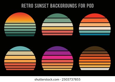 Vintage sunset logo or t shirt vector template set, 80's style background for your print on demand product design.