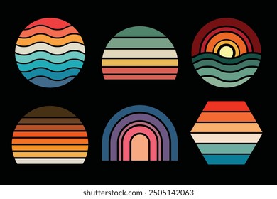 Vintage sunset logo or t shirt vector template set, 80's style background for your print on demand product design.