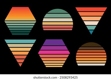 Vintage sunset logo or t shirt vector template set, 80's style background for your print on demand product design.