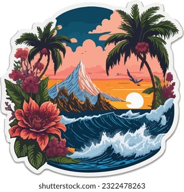 Vintage sunset of modern ocean beach island logo design