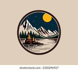 vintage sunset river with mountain background for t shirt and logo design vector illustration, adventure vector