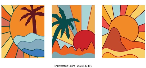 Vintage Sunset with the sea and a palm trees. Set Minimal background. Sunrise in the Morning, perfect for icon and symbols, poster, postcard, logo. Vector illustration