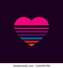 La puesta de sol de época en forma de corazón, al estilo de los años 80. Fondo vectorial. Un elemento de diseño.