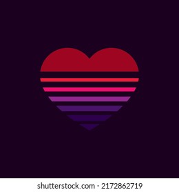 Vintage sunset in the shape of a heart, in the style of the 80s. Vector background. A design element.