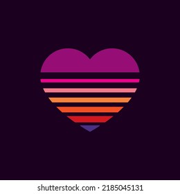 La puesta de sol de época en forma de corazón, al estilo de los años 80. Fondo vectorial. Un elemento de diseño.