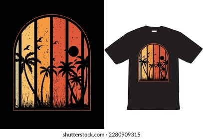 Vintage Sunset Striped T-Shirt Design for Summer. 