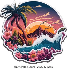 Vintage sunset of tropical clean beach island logo design