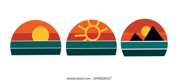 Vintage Sunset Vector Line Icons Set