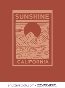 Vintage Sunshine California Typografie Poster Retro Strandhandgezeichnete Linie Art Illustration Design der T-Shirt-Vektorgrafik