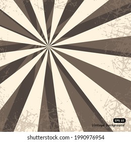 Vintage sunshine grunge texture sepia retro rays background. Comic cartoon pattern with starburst and halftone effect. Pop art design template vector illustration.