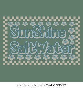 Vintage Sunshine Safe Vibes Typography Beach Design. Retro style typography with “Sunshine Safe Vibes” phrase in a beach-friendly color scheme. Ideal for t-shirts, sticker  and  designs.