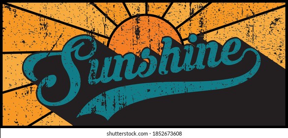 Vintage sunshine slogan text illustration with sun sky background - 70s retro groovy vector print for girl tee.t shirt and poster