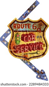 Vintage super grungy american car service and gas station sign, retro distressed and weathered vector illustration No commercial reference fictional artwork.