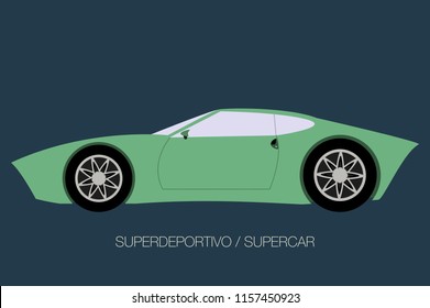 vintage supercar, side view, flat design style