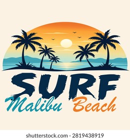 Vintage surf beach typography vector featuring tropical palm trees ocean waves and sunset illustration perfect for summer apparel travel posters vacation branding coastal merchandise and graphic design