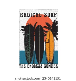 vintage surf board with radical surf, Long beach, summer vibes hand draw, summer beach slogan with beach illustration, Hawaii, Aloha surf typography for t-shirt print , beach vector print,