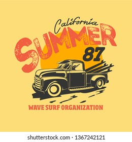 vintage surf car. sunset beach. illustration tee print design