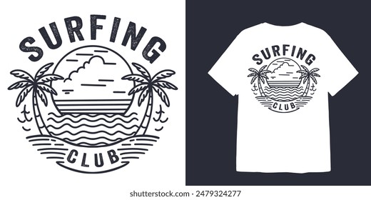 vintage surf club line art illustration for t shirt design