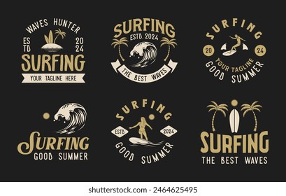 Vintage Surf club vector logo set template. Set of surfing emblems. Vector illustration set of logos on surfing theme. Surf club logo bundle. Surfing logo vector for t-shirt design
