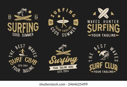 Vintage Surf club vector logo set template. Set of surfing emblems. Vector illustration set of logos on surfing theme. Surf club logo bundle. Surfing logo vector for t-shirt design