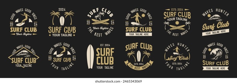 Vintage Surf club vector logo set template. Set of surfing emblems. Vector illustration set of logos on surfing theme. Surf club logo bundle. Surfing logo vector for t-shirt design