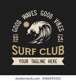 Vintage Surf club vector logo template. Retro surfing emblem isolated. Vector illustration of logo on surfing theme. Vintage surf club logo. Surfing logo vector for t-shirt design