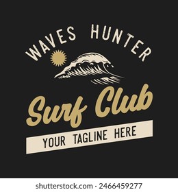 Vintage Surf club vector logo template. Retro surfing emblem isolated. Vector illustration of logo on surfing theme. Vintage surf club logo. Surfing logo vector for t-shirt design