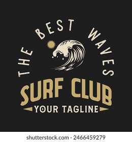 Vintage Surf club vector logo template. Retro surfing emblem isolated. Vector illustration of logo on surfing theme. Vintage surf club logo. Surfing logo vector for t-shirt design