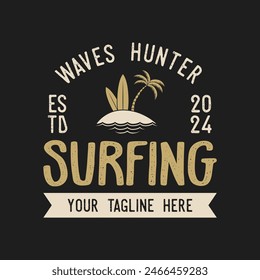Vintage Surf club vector logo template. Retro surfing emblem isolated. Vector illustration of logo on surfing theme. Vintage surf club logo. Surfing logo vector for t-shirt design