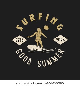 Vintage Surf club vector logo template. Retro surfing emblem isolated. Vector illustration of logo on surfing theme. Vintage surf club logo. Surfing logo vector for t-shirt design