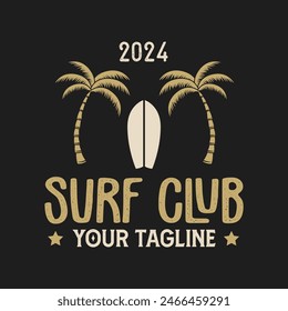 Vintage Surf club vector logo template. Retro surfing emblem isolated. Vector illustration of logo on surfing theme. Vintage surf club logo. Surfing logo vector for t-shirt design