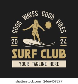 Vintage Surf club vector logo template. Retro surfing emblem isolated. Vector illustration of logo on surfing theme. Vintage surf club logo. Surfing logo vector for t-shirt design