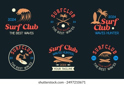 Vintage Surf club vector logo bundle. Set of retro surfing emblems. Vector illustration set of logos on surfing theme. Surf club logo templates. Surfing logo vector for t-shirt design