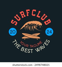 Vintage Surf club vector logo template. Retro surfing emblem isolated. Vector illustration of logo on surfing theme. Vintage surf club logo. Surfing logo vector for t-shirt design