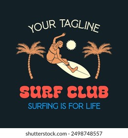 Vintage Surf club vector logo template. Retro surfing emblem isolated. Vector illustration of logo on surfing theme. Vintage surf club logo. Surfing logo vector for t-shirt design