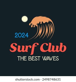 Vintage Surf club vector logo template. Retro surfing emblem isolated. Vector illustration of logo on surfing theme. Vintage surf club logo. Surfing logo vector for t-shirt design