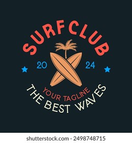 Vintage Surf club vector logo template. Retro surfing emblem isolated. Vector illustration of logo on surfing theme. Vintage surf club logo. Surfing logo vector for t-shirt design