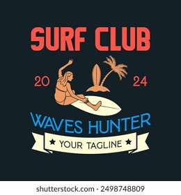 Vintage Surf club vector logo template. Retro surfing emblem isolated. Vector illustration of logo on surfing theme. Vintage surf club logo. Surfing logo vector for t-shirt design