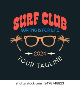 Vintage Surf club vector logo template. Retro surfing emblem isolated. Vector illustration of logo on surfing theme. Vintage surf club logo. Surfing logo vector for t-shirt design