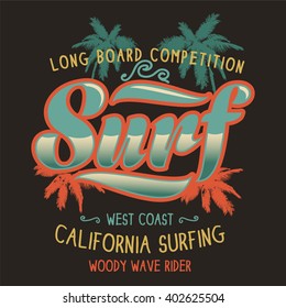 Vintage surf elements.vector retro surf label. California surf story vector element. surf riders. vector surf print surf world cup.