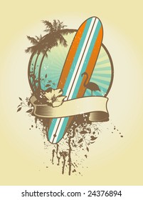 vintage surf emblem with classic longboard and floral elements