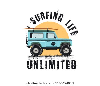 Vintage Surf Emblem with retro woodie car. Surfing Life Unlimited typography. Included surfboards, road and sun symbols. Good for T-Shirt, mugs. Stock vector isolated on white background.