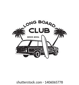 Vintage surf logo print design for t-shirt and other uses. Long Board Club typography quote calligraphy and van car icon. Unusual hand drawn surfing graphic patch emblem. Stock vector