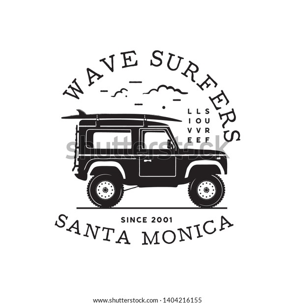 Vintage surf\
logo print design for t-shirt and other uses. Wave Surfers\
typography quote calligraphy and van icon. Unusual hand drawn\
surfing graphic patch emblem. Stock\
vector
