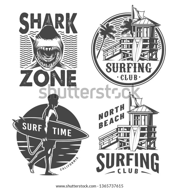 Vintage Surf Logos Monochrome Set Shark Stock Vector Royalty Free